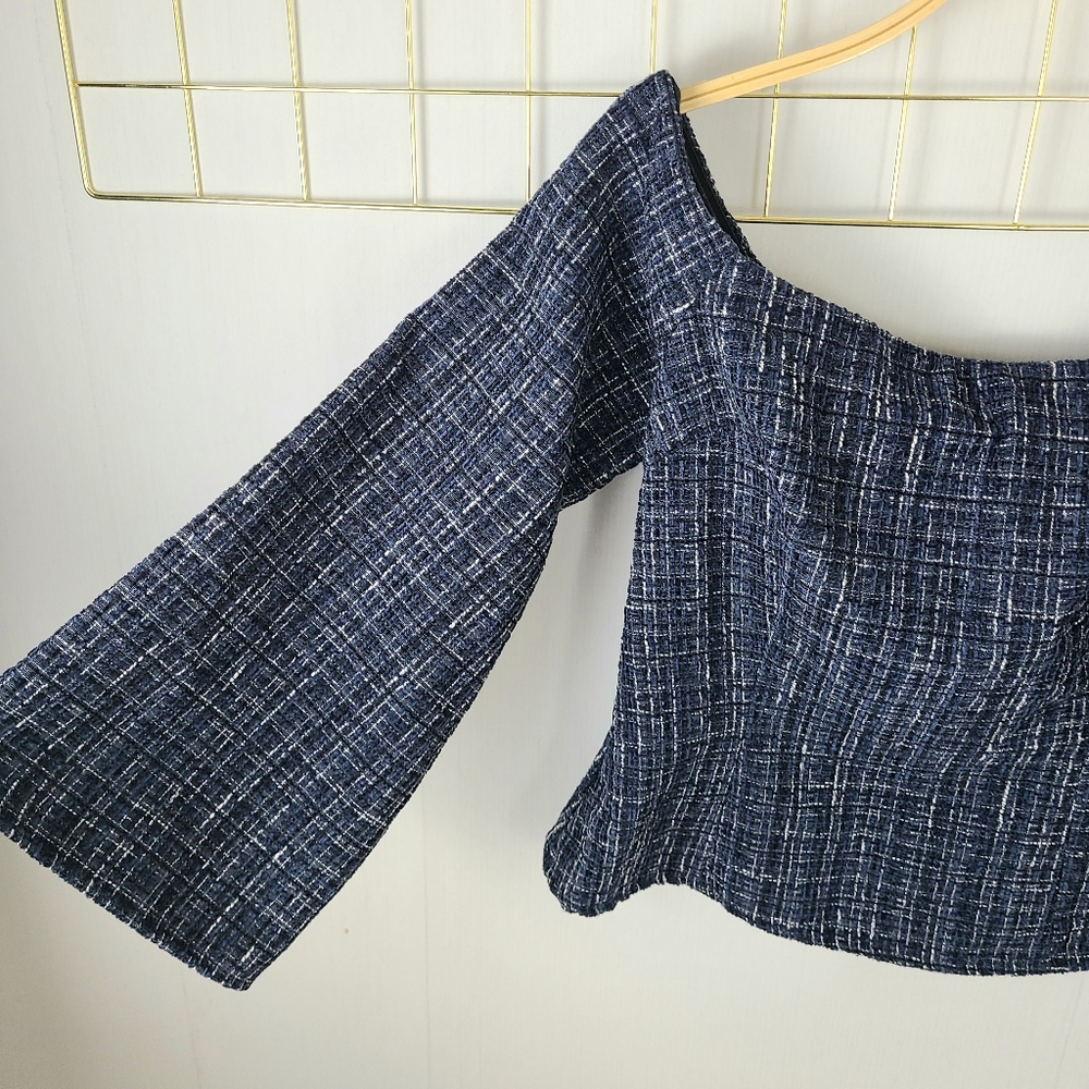 Zara Navy Blue Tweed Off The Shoulder Top - Picture 5 of 10